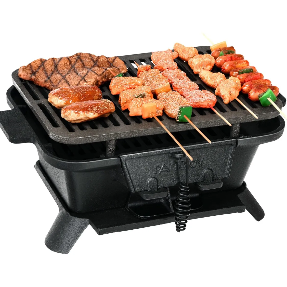 Holzkohlegrill tragbarer gusseiserner Barbecue-Grill BBQ Minigrill Tischgrill für Picknick 2-stufige Grillhöhe 40x27x18cm Schwarz