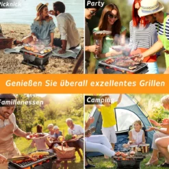Holzkohlegrill tragbarer gusseiserner Barbecue-Grill BBQ Minigrill Tischgrill für Picknick 2-stufige Grillhöhe 40x27x18cm Schwarz