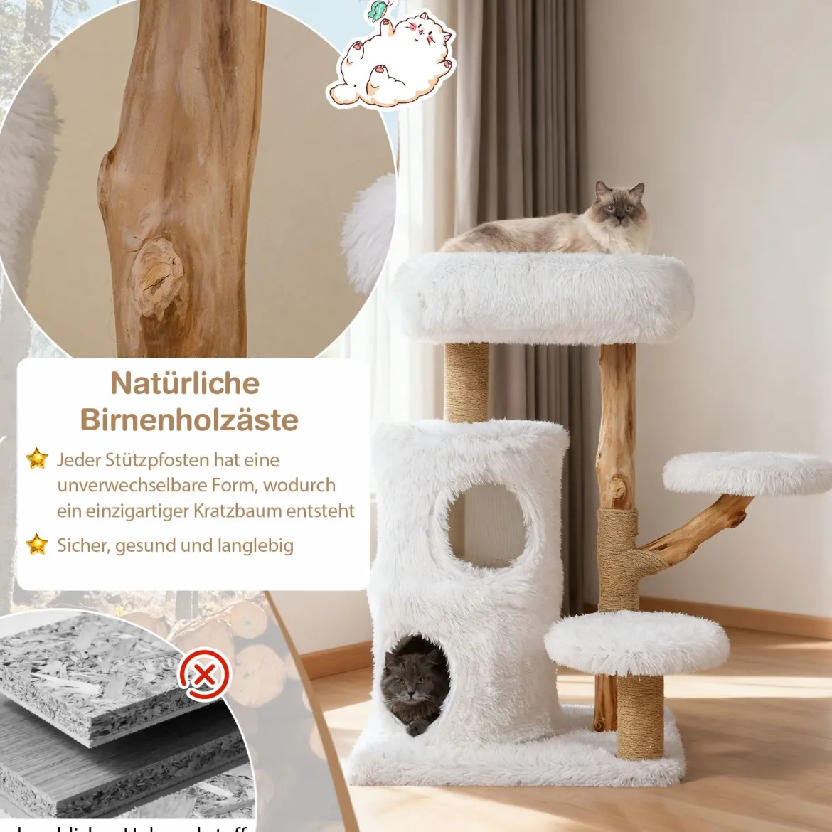 Holz Kratzbaum mit Plüsch Plattformen & 2-stöckiger Katzenhöhle & Jute Kratzsäulen Katzenbaum
