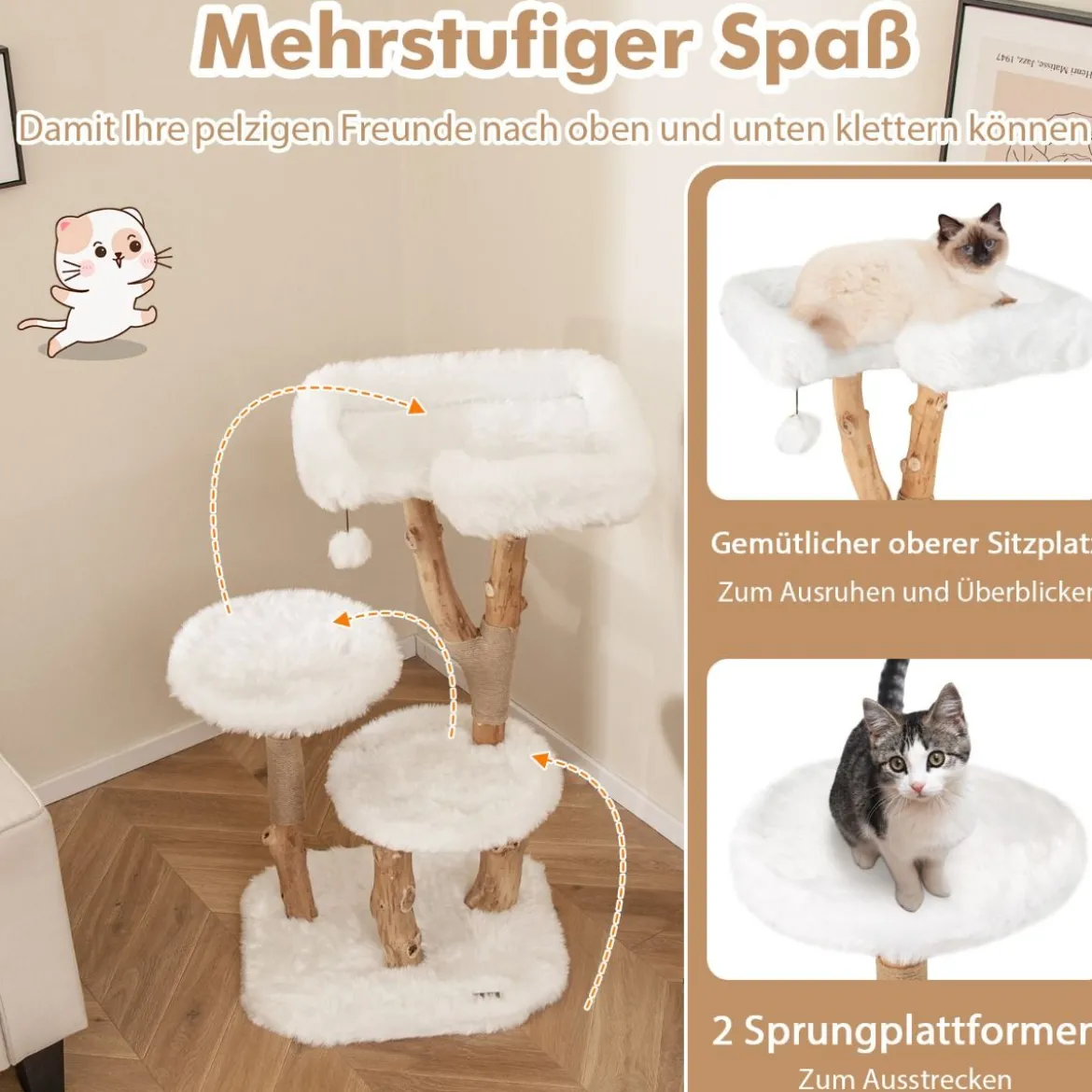 Holz Kratzbaum mit Plüschsitzfläche & 2 Plattformen & Spielball & Kratzpfosten Katzenbaum