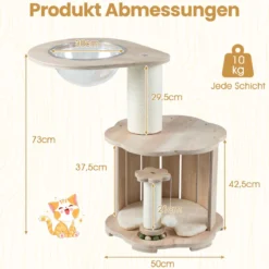 Holz-Kratzbaum 3-stöckiger niedlicher Katzenbaum mit Höhle Raumkapsel Kratzpfosten Holzkugelbahn-Spielzeug Natur