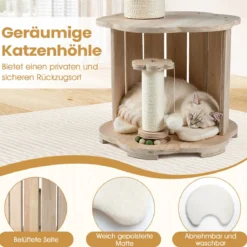 Holz-Kratzbaum 3-stöckiger niedlicher Katzenbaum mit Höhle Raumkapsel Kratzpfosten Holzkugelbahn-Spielzeug Natur