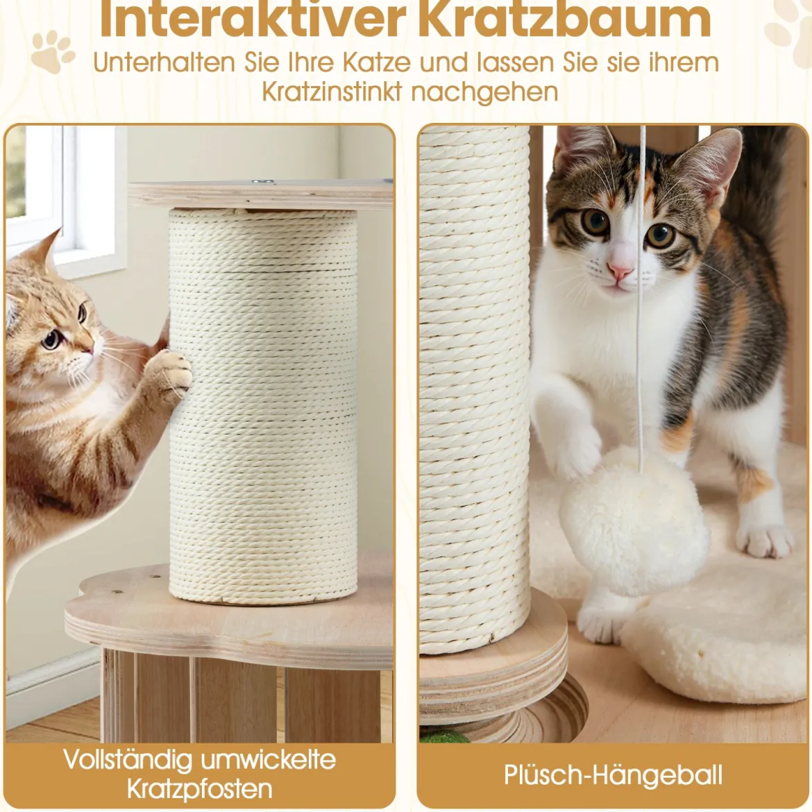 Holz-Kratzbaum 3-stöckiger niedlicher Katzenbaum mit Höhle Raumkapsel Kratzpfosten Holzkugelbahn-Spielzeug Natur