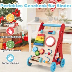 Holz Lauflernhilfe mit Griff & Stauraum & Rädern zum Schieben & Ziehen Lauflernwagen