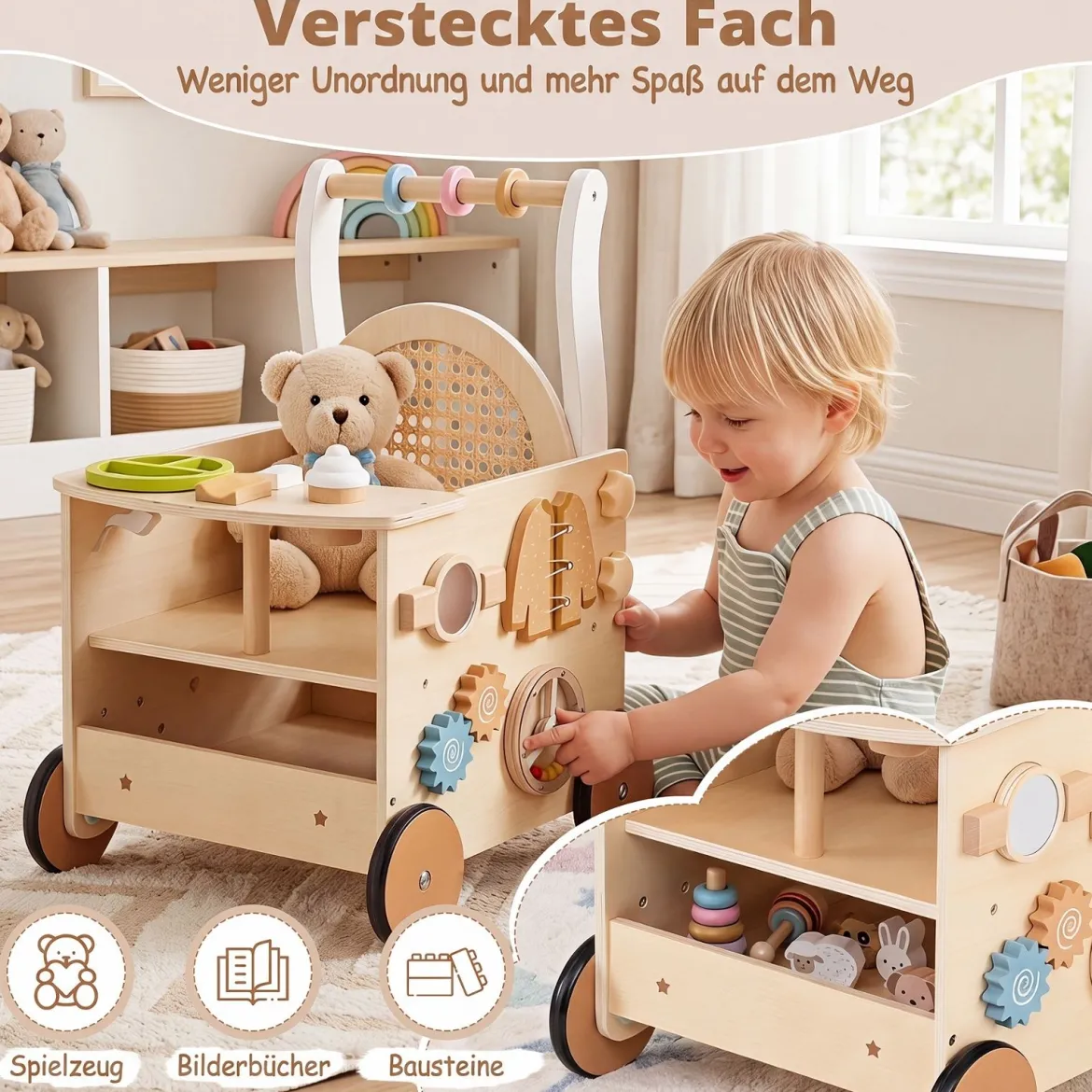 Holz Lauflernwagen mit Abgerundete Kanten für Jungen & Mädchen ab 1 Jahr 35,5 x 31,5 x 50,5 cm