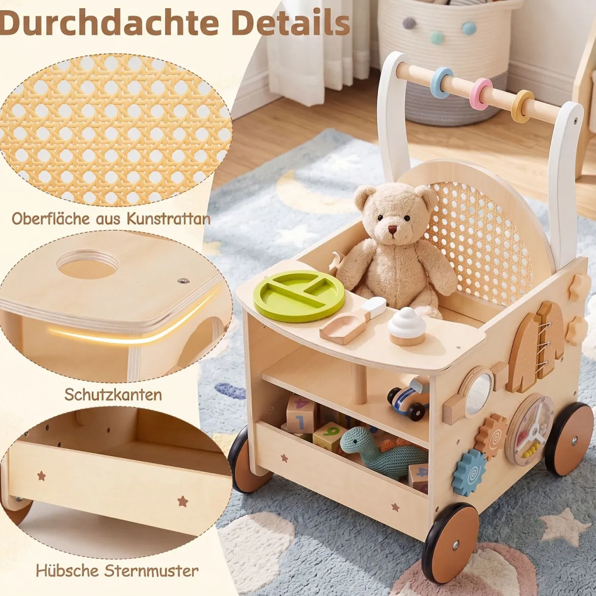 Holz Lauflernwagen mit Abgerundete Kanten für Jungen & Mädchen ab 1 Jahr 35,5 x 31,5 x 50,5 cm