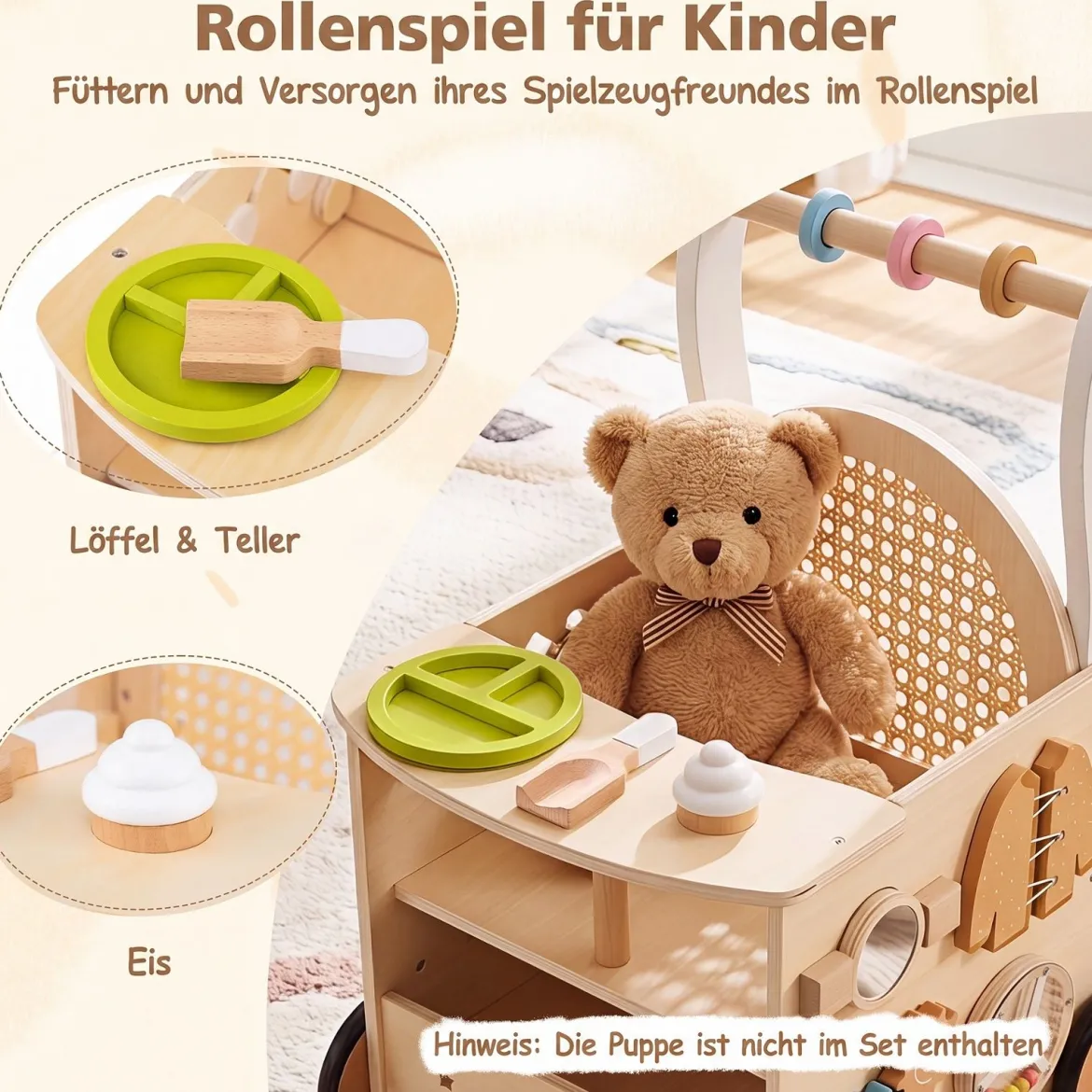 Holz Lauflernwagen mit Abgerundete Kanten für Jungen & Mädchen ab 1 Jahr 35,5 x 31,5 x 50,5 cm