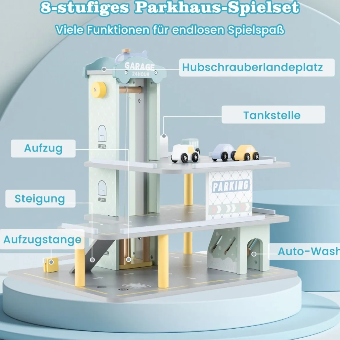Holz Parkhaus mit 3 Etagen & 4 Autos & Aufzug Parkgarage Autogarage Spielzeug für Kinder ab 3 J.