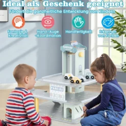 Holz Parkhaus mit 3 Etagen & 4 Autos & Aufzug Parkgarage Autogarage Spielzeug für Kinder ab 3 J.