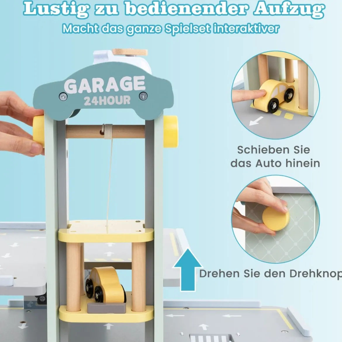 Holz Parkhaus mit 3 Etagen & 4 Autos & Aufzug Parkgarage Autogarage Spielzeug für Kinder ab 3 J.