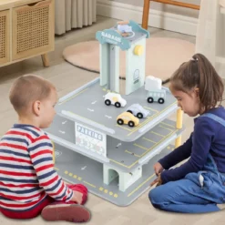 Holz Parkhaus mit 3 Etagen & 4 Autos & Aufzug Parkgarage Autogarage Spielzeug für Kinder ab 3 J.