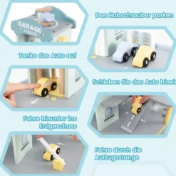 Holz Parkhaus mit 3 Etagen & 4 Autos & Aufzug Parkgarage Autogarage Spielzeug für Kinder ab 3 J.