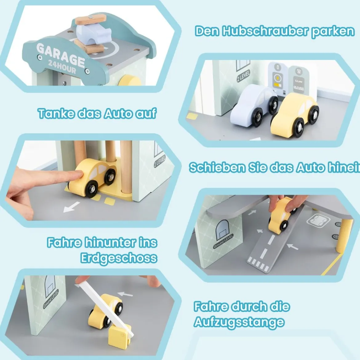 Holz Parkhaus mit 3 Etagen & 4 Autos & Aufzug Parkgarage Autogarage Spielzeug für Kinder ab 3 J.