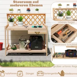 Holz Pflanztisch mit Rankgitter Gärtnertisch mit Arbeitsplatte & Schublade & 2 Ablagen Natur
