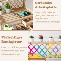 Holz Pflanztisch mit Rankgitter Gärtnertisch mit Arbeitsplatte & Schublade & 2 Ablagen Natur