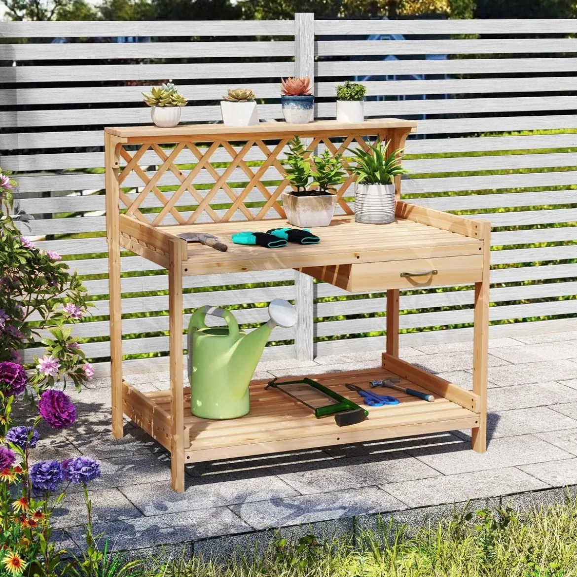 Holz Pflanztisch mit Rankgitter Gärtnertisch mit Arbeitsplatte & Schublade & 2 Ablagen Natur