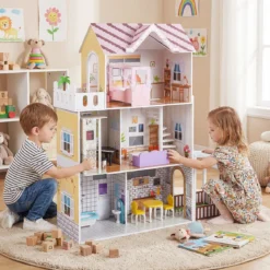 Holz Puppenhaus für Kinder 3-stöckiges DIY modernes Familien-Puppenhaus zum Rollenspiel Rosa