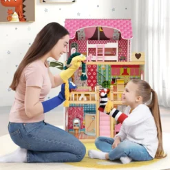 Holz Puppenhaus mit 3 Etagen & 15 Möbel & 6 Zimmern Traumhaus Dollhouse Puppenvilla