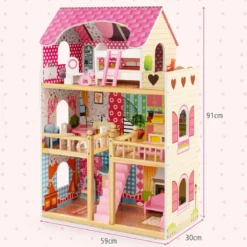 Holz Puppenhaus mit 3 Etagen & 15 Möbel & 6 Zimmern Traumhaus Dollhouse Puppenvilla