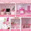 Holz Puppenhaus mit 17-teiliger Möbelausstattung & Treppenzubehör Dollhouse Rosa