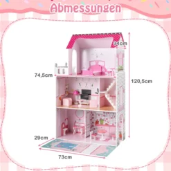 Holz Puppenhaus mit 17-teiliger Möbelausstattung & Treppenzubehör Dollhouse Rosa