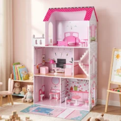 Holz Puppenhaus mit 17-teiliger Möbelausstattung & Treppenzubehör Dollhouse Rosa