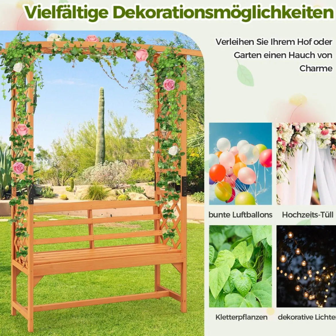 Holz Rosenbogen mit Bank & Rankhilfe Gartenbogen Torbogen für Kletterpflanzen