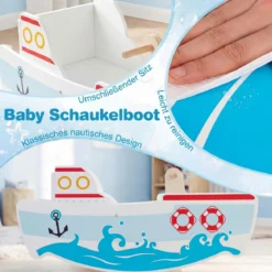 Holz Schaukelboot mit 40° Schaukelbereich & nautischem Design & Rückenlehne Schaukelpferd
