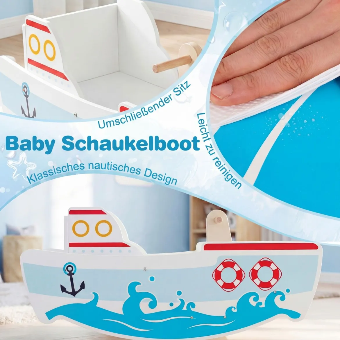 Holz Schaukelboot mit 40° Schaukelbereich & nautischem Design & Rückenlehne Schaukelpferd