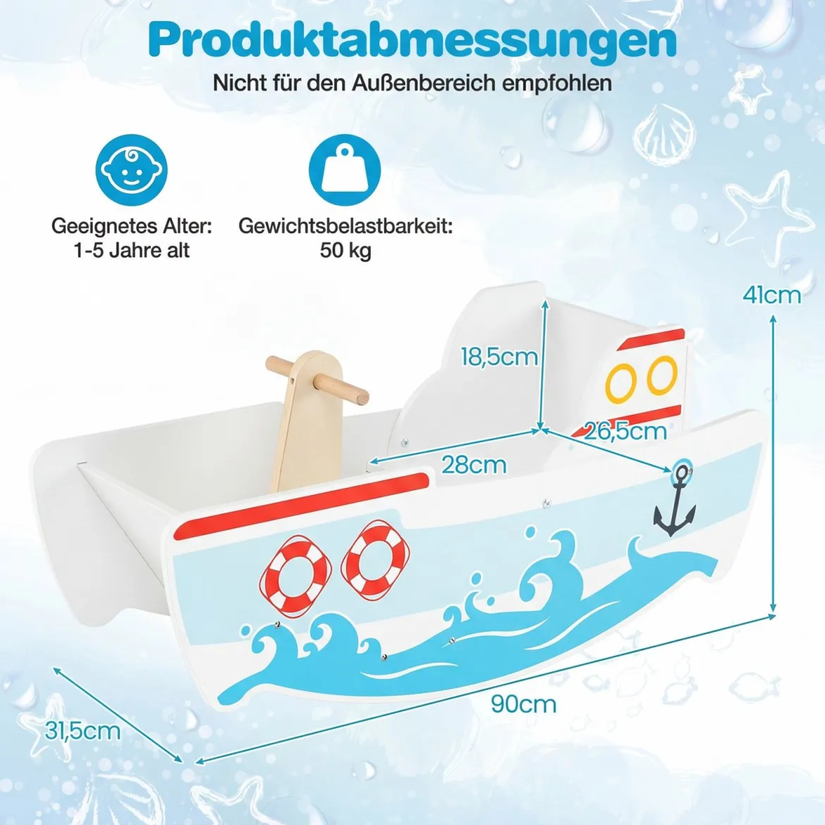 Holz Schaukelboot mit 40° Schaukelbereich & nautischem Design & Rückenlehne Schaukelpferd