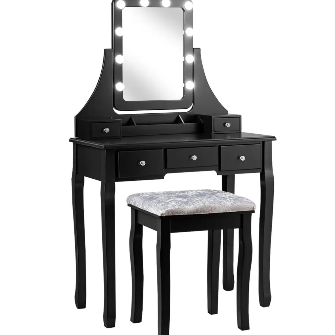 Holz-Schminktisch mit rechteckigem Spiegel & gepolstertem Hocker 80 x 40 x 135,5 cm Schwarz
