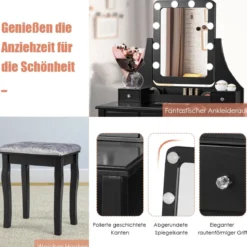 Holz-Schminktisch mit rechteckigem Spiegel & gepolstertem Hocker 80 x 40 x 135,5 cm Schwarz