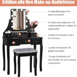 Holz-Schminktisch mit rechteckigem Spiegel & gepolstertem Hocker 80 x 40 x 135,5 cm Schwarz