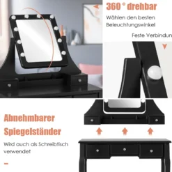 Holz-Schminktisch mit rechteckigem Spiegel & gepolstertem Hocker 80 x 40 x 135,5 cm Schwarz