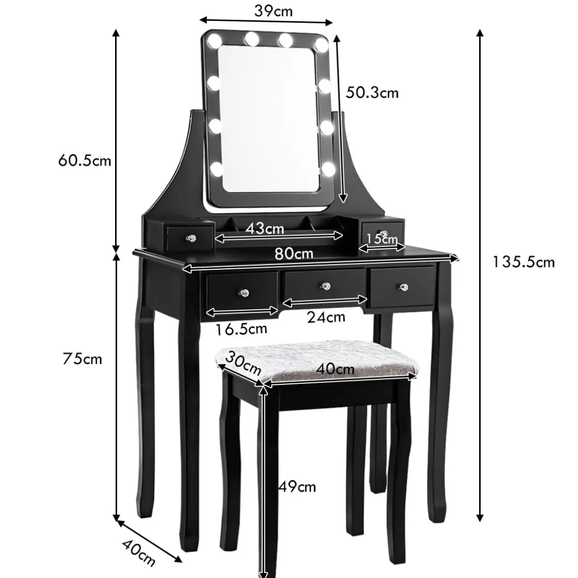 Holz-Schminktisch mit rechteckigem Spiegel & gepolstertem Hocker 80 x 40 x 135,5 cm Schwarz