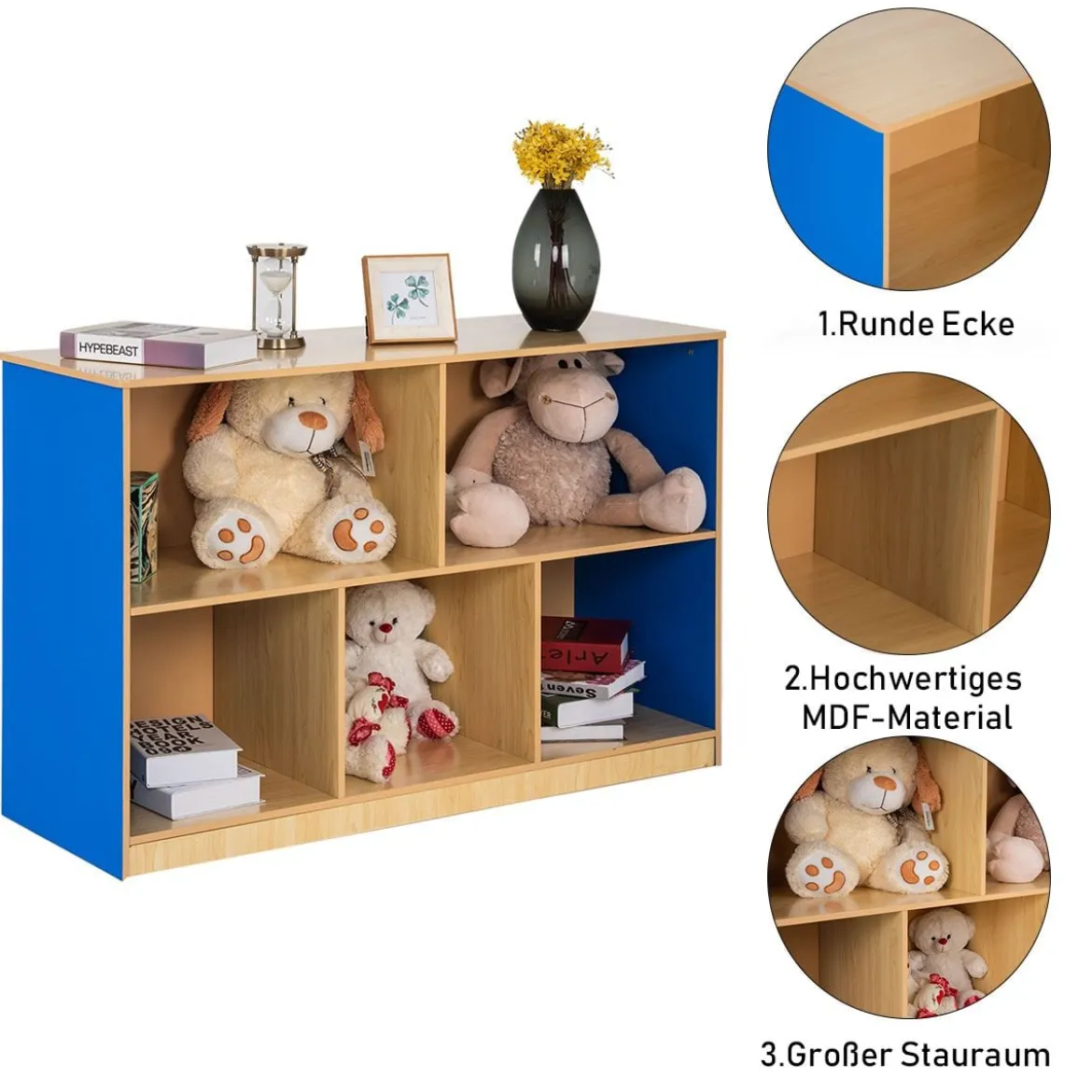 Holzschrank mit 5 offenen Ablagefächern geräumiger Bücher Spielzeug Lagerschrank mit dicken Regalen