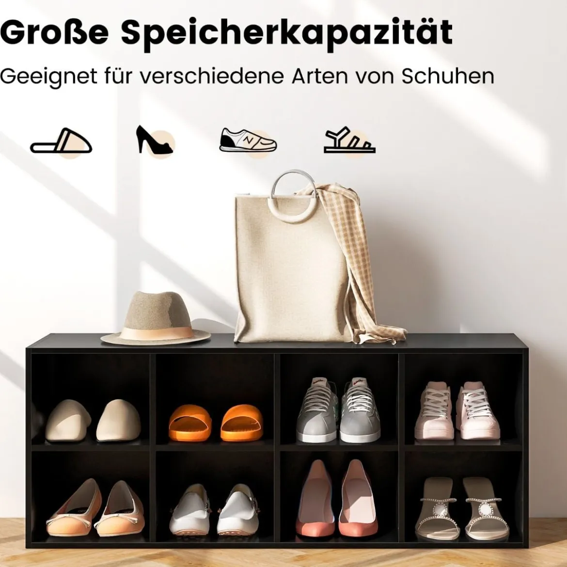 Holz Schuhbank mit Sitzfläche & 8 Offenen Fächern 230kg Belastbar Schuhschrank Schwarz Bücherschrank