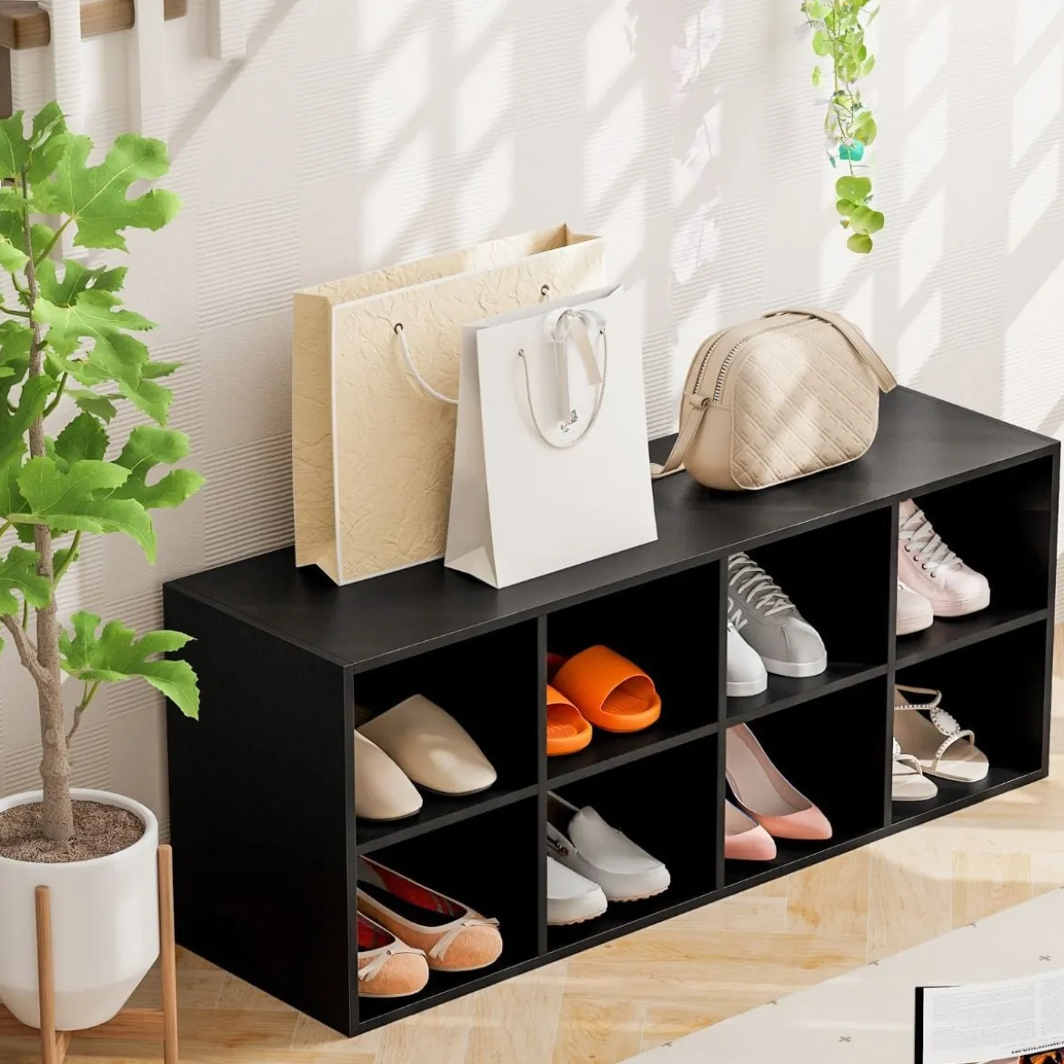 Holz Schuhbank mit Sitzfläche & 8 Offenen Fächern 230kg Belastbar Schuhschrank Schwarz Bücherschrank