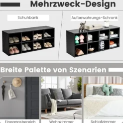 Holz Schuhbank mit Sitzfläche & 8 Offenen Fächern 230kg Belastbar Schuhschrank Schwarz Bücherschrank