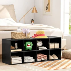 Holz Schuhbank mit Sitzfläche & 8 Offenen Fächern 230kg Belastbar Schuhschrank Schwarz Bücherschrank