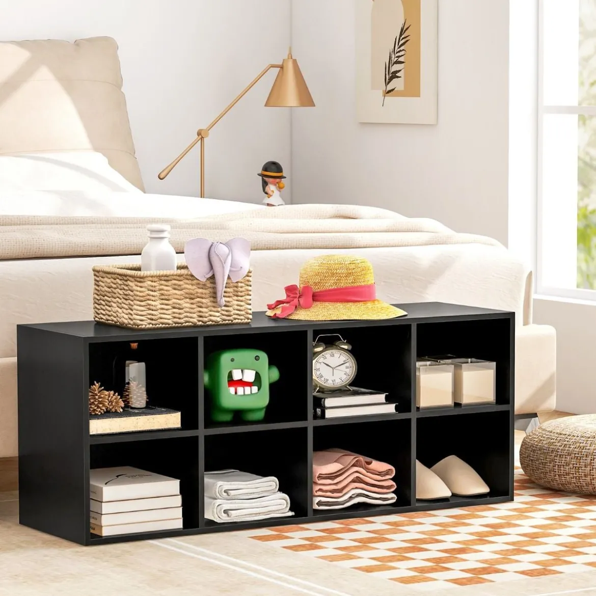 Holz Schuhbank mit Sitzfläche & 8 Offenen Fächern 230kg Belastbar Schuhschrank Schwarz Bücherschrank