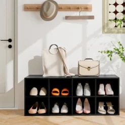 Holz Schuhbank mit Sitzfläche & 8 Offenen Fächern 230kg Belastbar Schuhschrank Schwarz Bücherschrank
