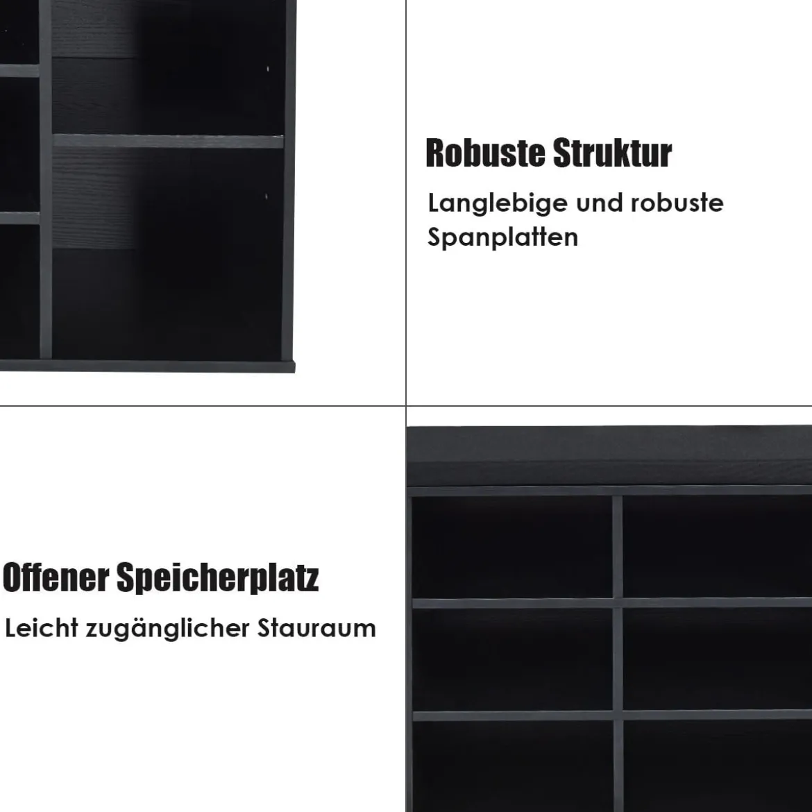 Holz Schuhbank mit Sitzfläche & 10 Offenen Fächern Schuhregal 104 x 30 x 48 cm Schwarz