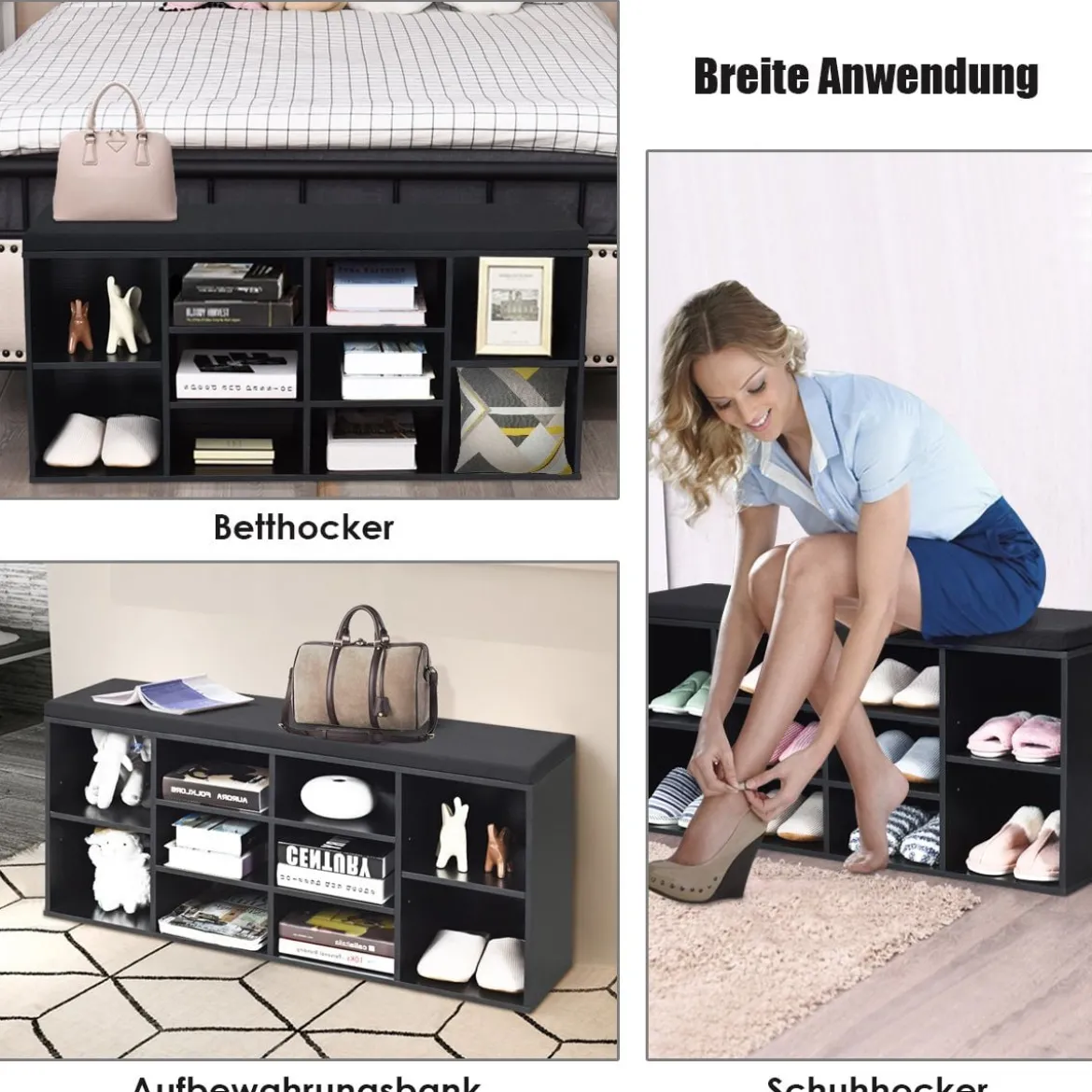 Holz Schuhbank mit Sitzfläche & 10 Offenen Fächern Schuhregal 104 x 30 x 48 cm Schwarz