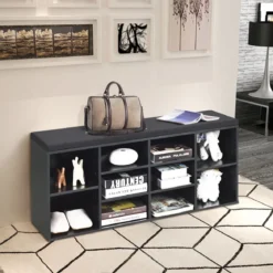 Holz Schuhbank mit Sitzfläche & 10 Offenen Fächern Schuhregal 104 x 30 x 48 cm Schwarz