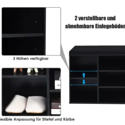 Holz Schuhbank mit Sitzfläche & 10 Offenen Fächern Schuhregal 104 x 30 x 48 cm Schwarz