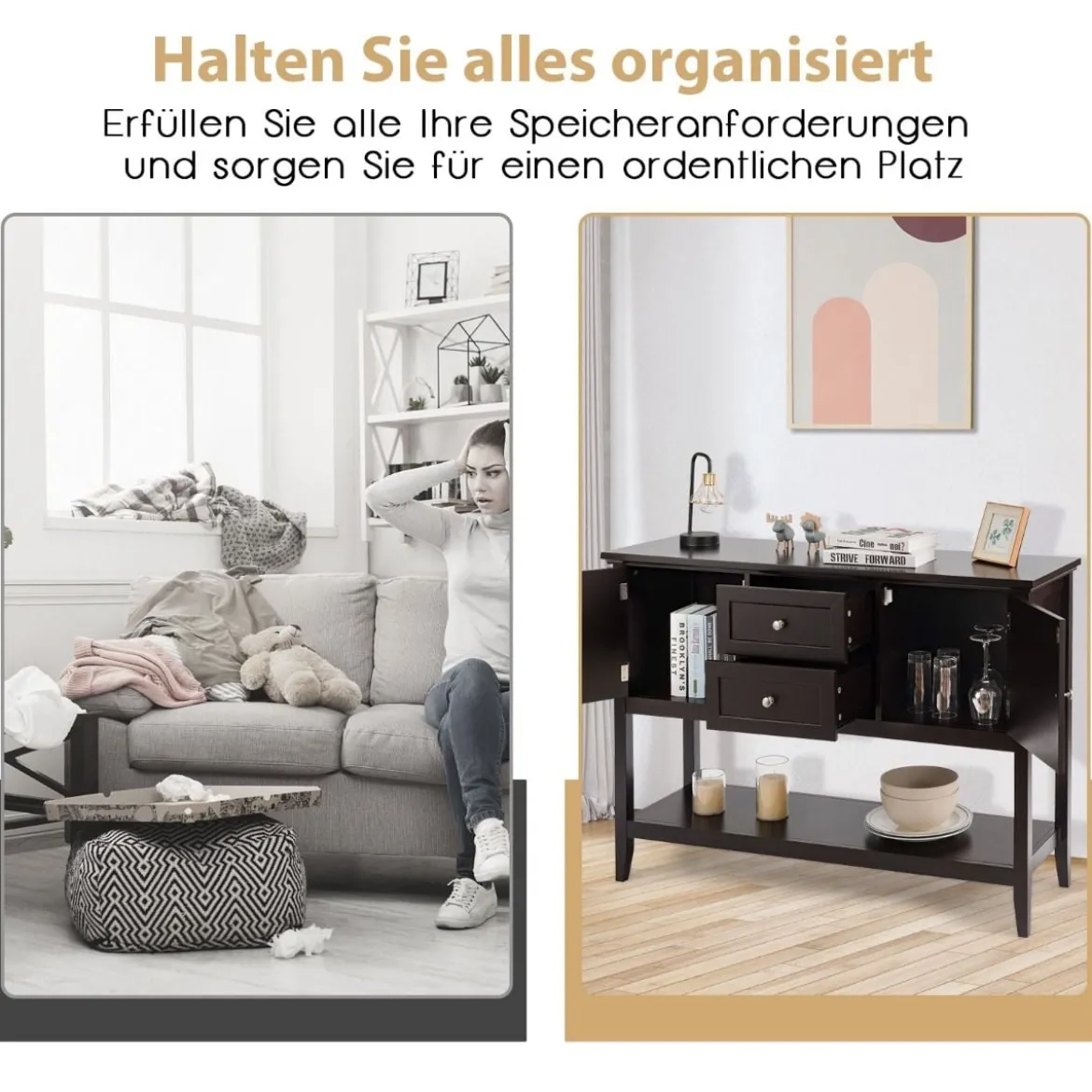 Holz-Sideboard Buffet-Tisch mit unterem Regal Konsolentisch 117 x 38 x 86,5 cm Kaffee
