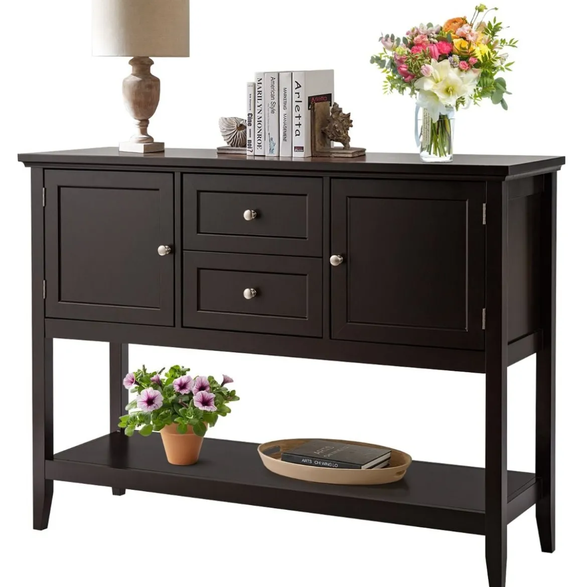 Holz-Sideboard Buffet-Tisch mit unterem Regal Konsolentisch 117 x 38 x 86,5 cm Kaffee