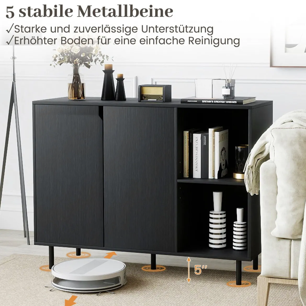 Holz Sideboard mit 4 Fächern & 2 Türen & Verstellbare Ablagen Buffetschrank Küchenschrank Schwarz