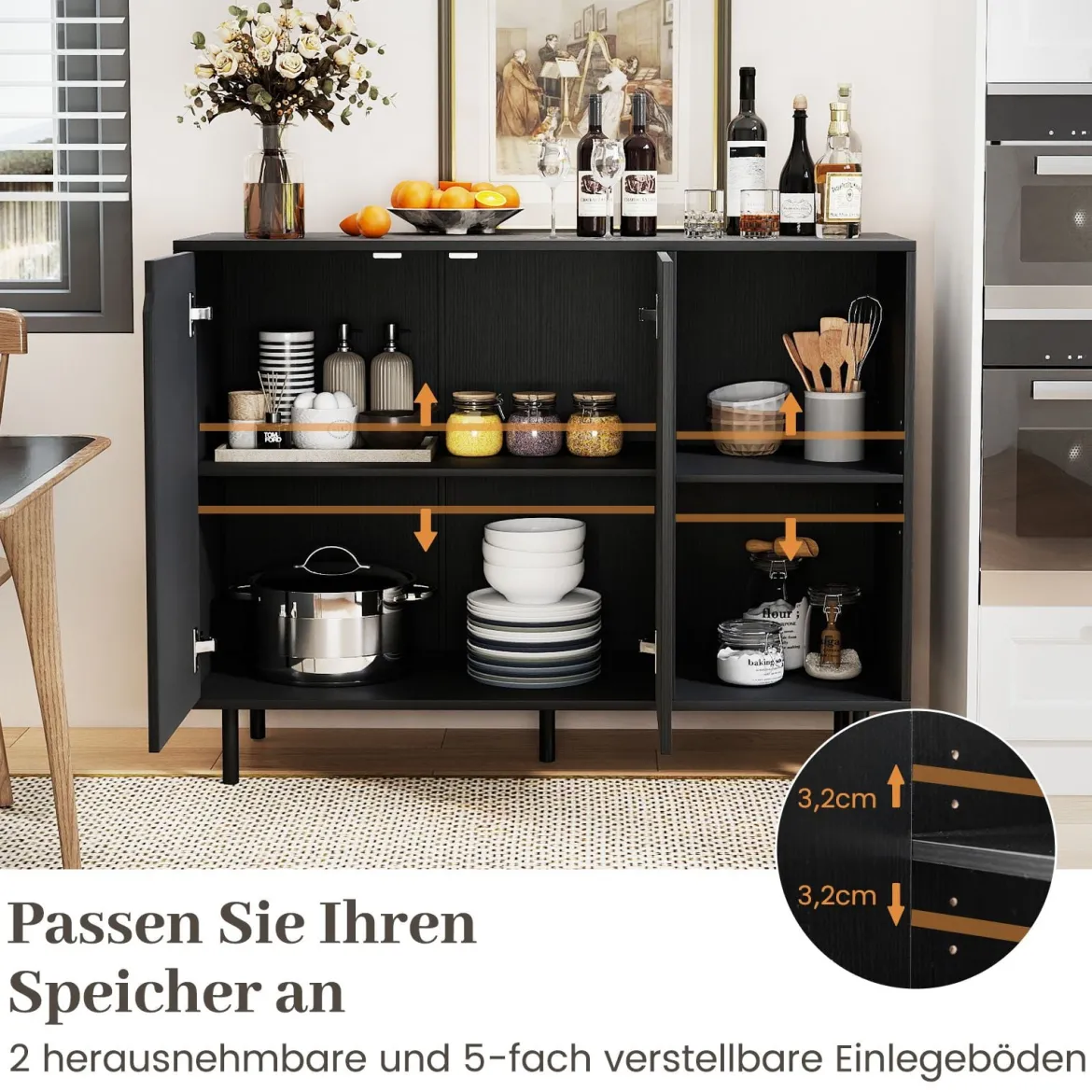 Holz Sideboard mit 4 Fächern & 2 Türen & Verstellbare Ablagen Buffetschrank Küchenschrank Schwarz